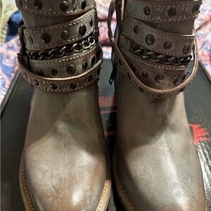 Freebird Stone Colored Heeled Boots with Studded Straps